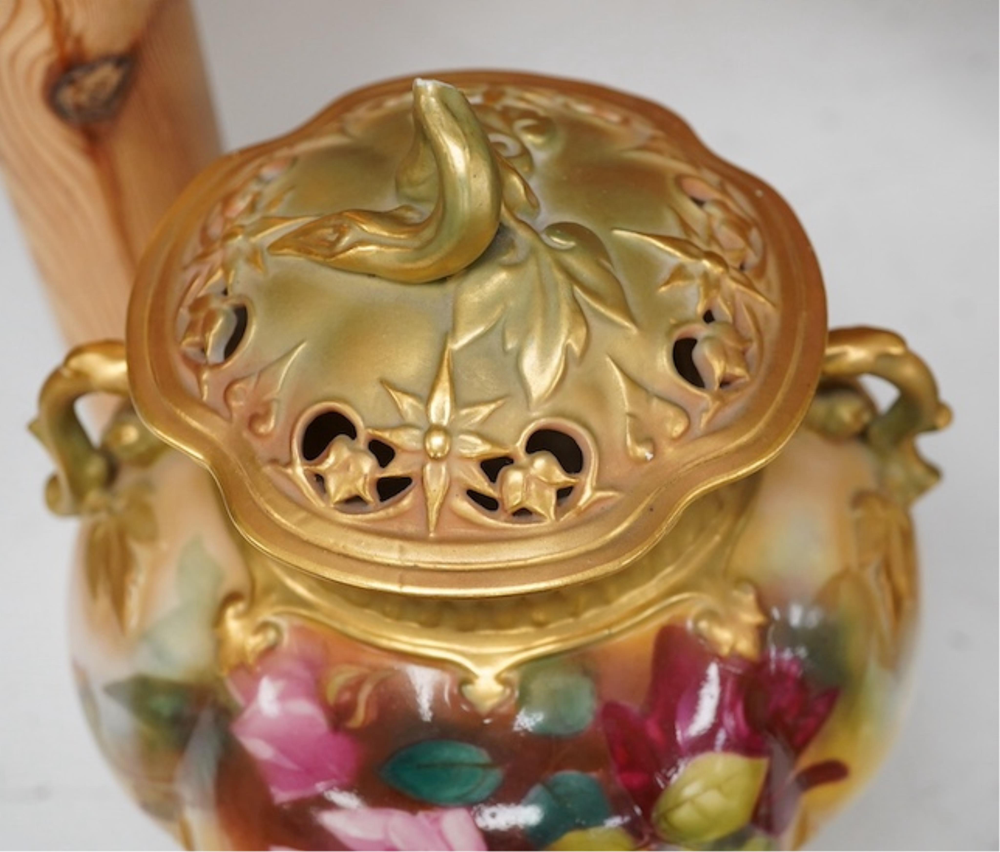 A Royal Worcester rose decorated pot pourri, 19cm high. Condition - handle to cover damaged